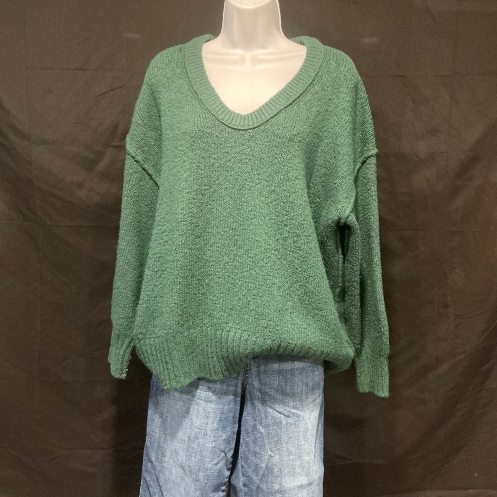 Free People XS Green V Neck Knit Oversized Sweater Pullover Long Sleeve‎